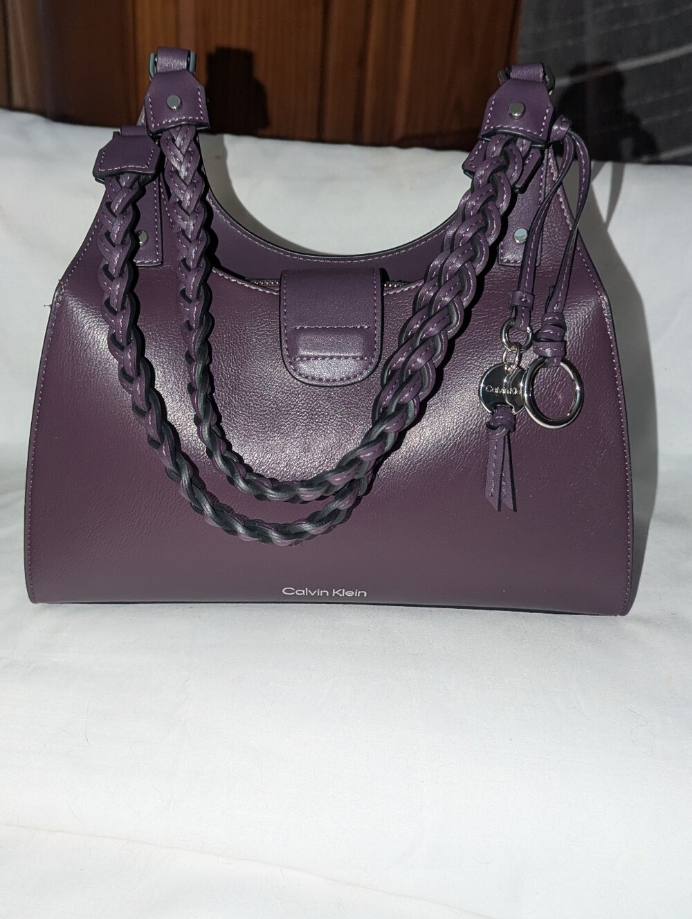 Calvin Klein Shelly Novelty Plum Vegan Leather Braided Handles Satchel